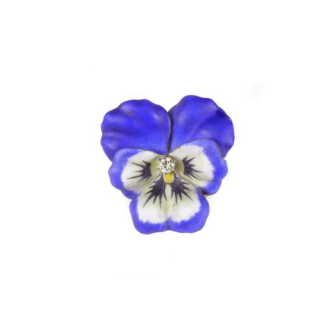 Early 20th century blue and white enamel, diamond and 14ct gold pansy brooch | MasterArt